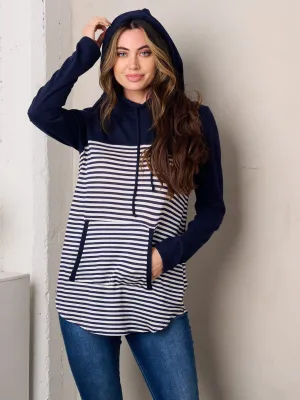 WOMEN'S LONG SLEEVE COLORBLOCK STRIPES HOODED TUNIC TOP