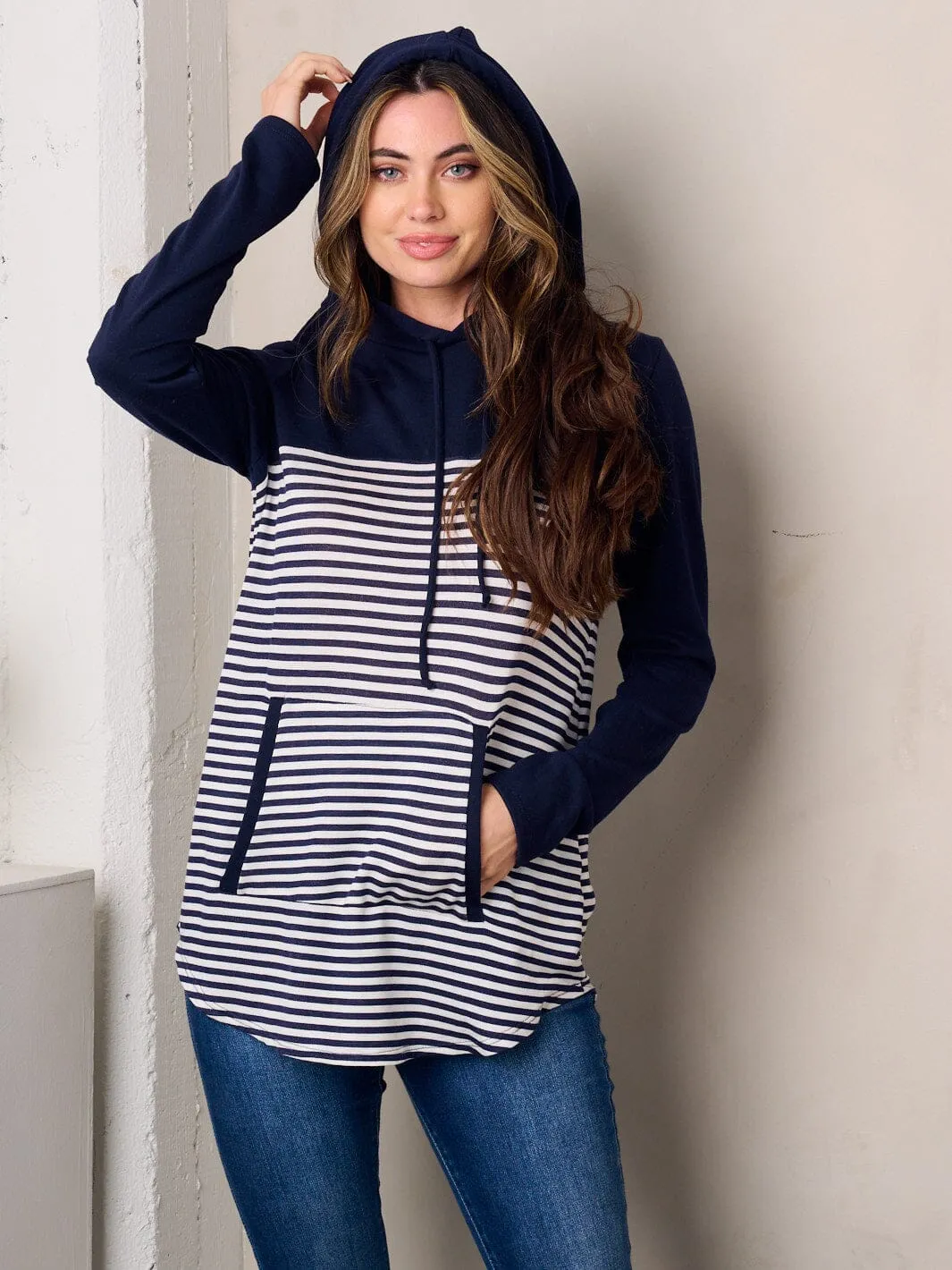 WOMEN'S LONG SLEEVE COLORBLOCK STRIPES HOODED TUNIC TOP