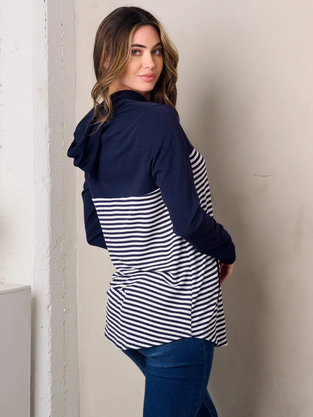 WOMEN'S LONG SLEEVE COLORBLOCK STRIPES HOODED TUNIC TOP