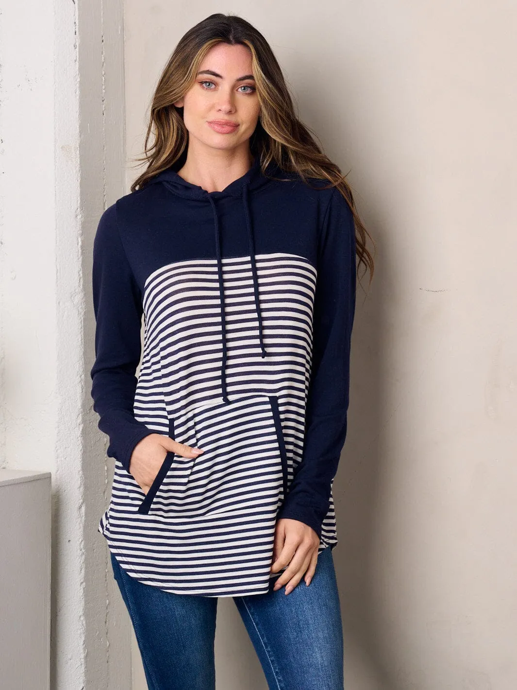 WOMEN'S LONG SLEEVE COLORBLOCK STRIPES HOODED TUNIC TOP