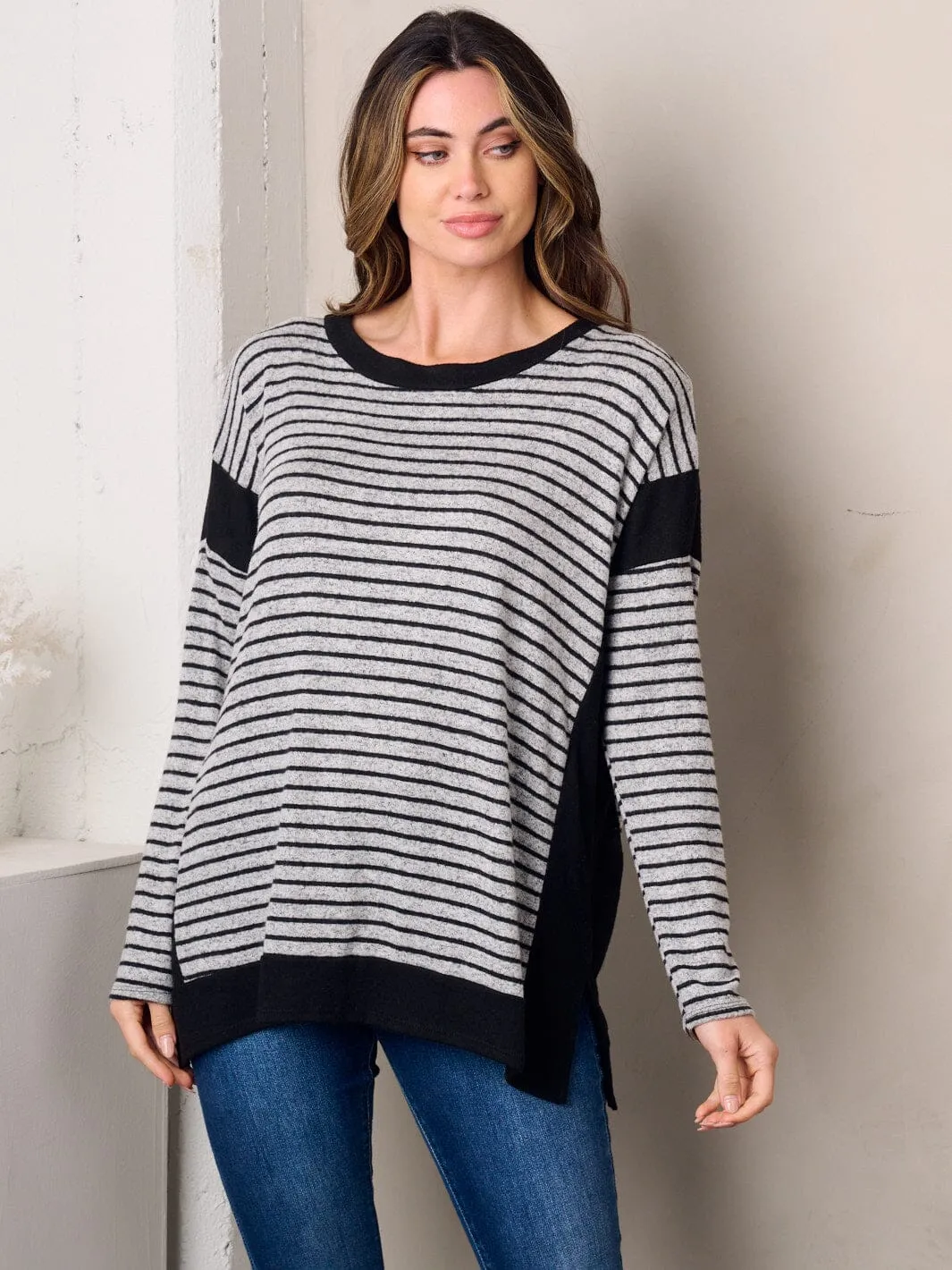 WOMEN'S LONG SLEEVE COLORBLOCK STRIPES TUNIC TOP