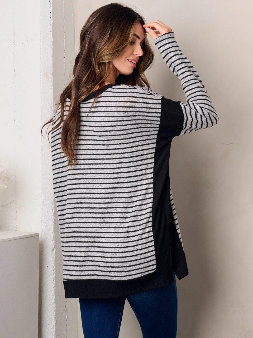 WOMEN'S LONG SLEEVE COLORBLOCK STRIPES TUNIC TOP