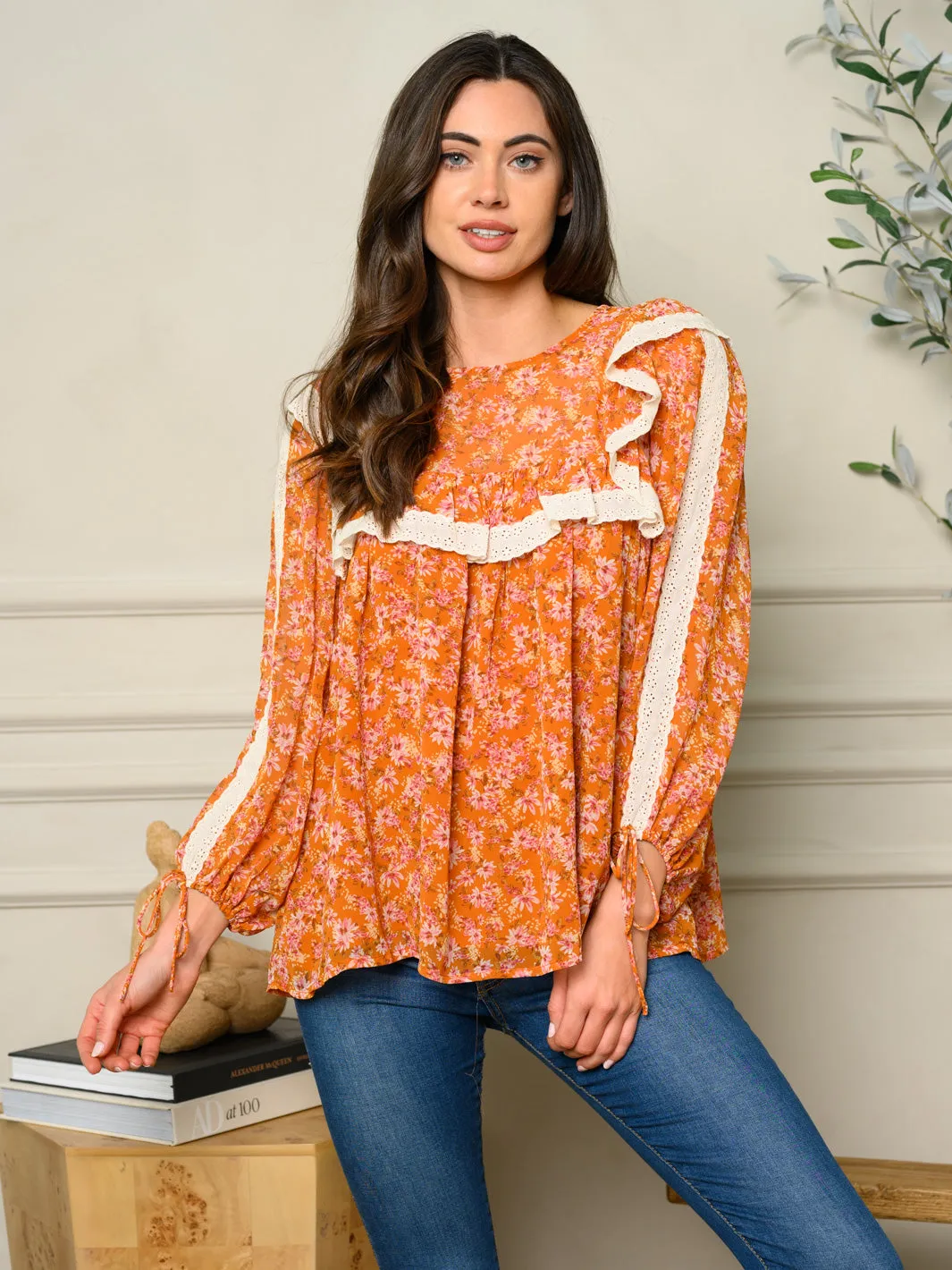 WOMEN'S LONG SLEEVE FLORAL PRINT TOP