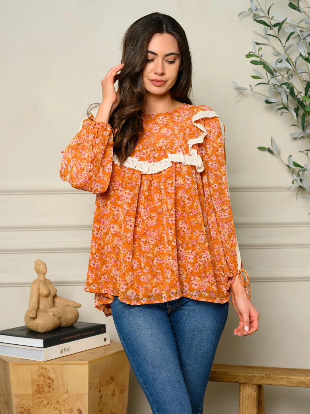 WOMEN'S LONG SLEEVE FLORAL PRINT TOP