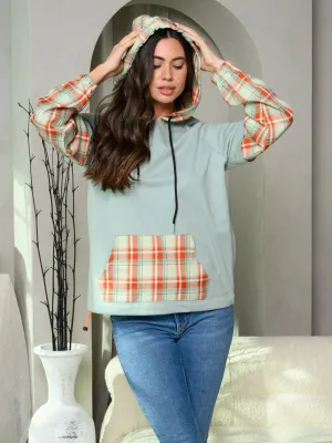 WOMEN'S LONG SLEEVE FRONT POCKET PLAID HOODED CONTRAST TOP