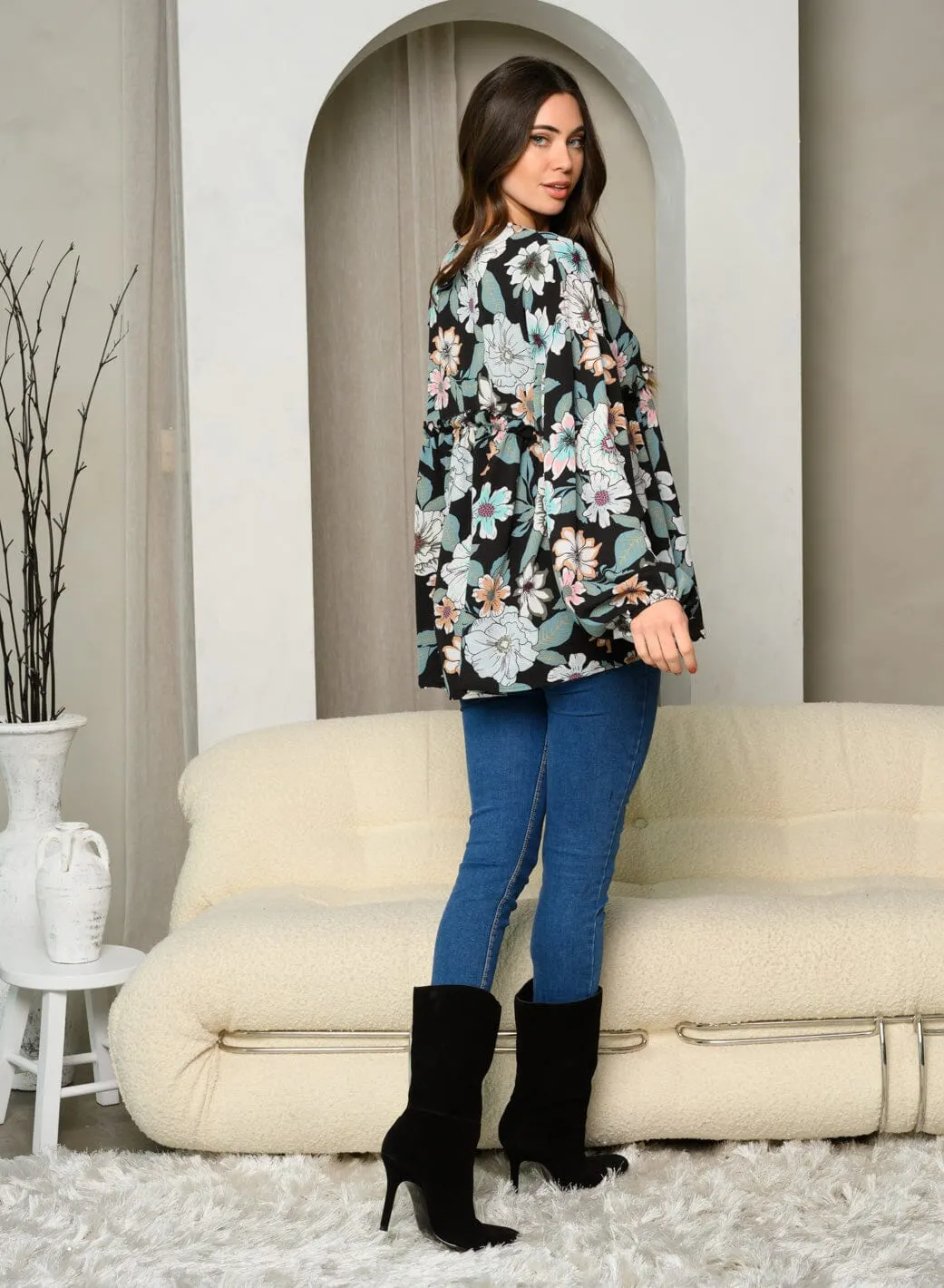 WOMEN'S LONG SLEEVE FRONT TIE FLORAL PRINT TUNIC TOP