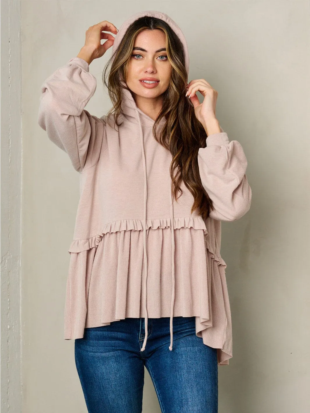 WOMEN'S LONG SLEEVE HOODED RUFFLE BOTTOM HEM TOP