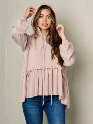 WOMEN'S LONG SLEEVE HOODED RUFFLE BOTTOM HEM TOP