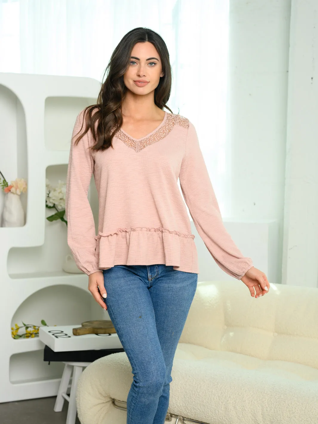 WOMEN'S LONG SLEEVE LACE DETAIL PEPLUM TOP