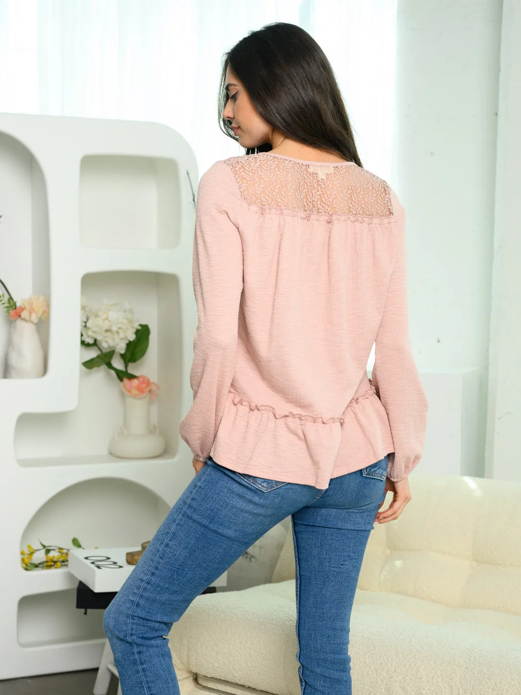 WOMEN'S LONG SLEEVE LACE DETAIL PEPLUM TOP