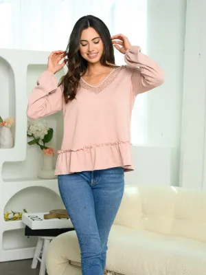 WOMEN'S LONG SLEEVE LACE DETAIL PEPLUM TOP