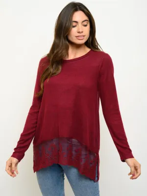 WOMEN'S LONG SLEEVE LACE TRIM DETAIL TOP
