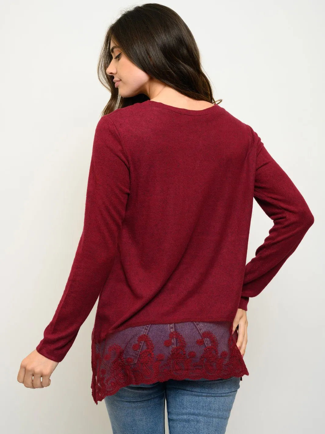 WOMEN'S LONG SLEEVE LACE TRIM DETAIL TOP