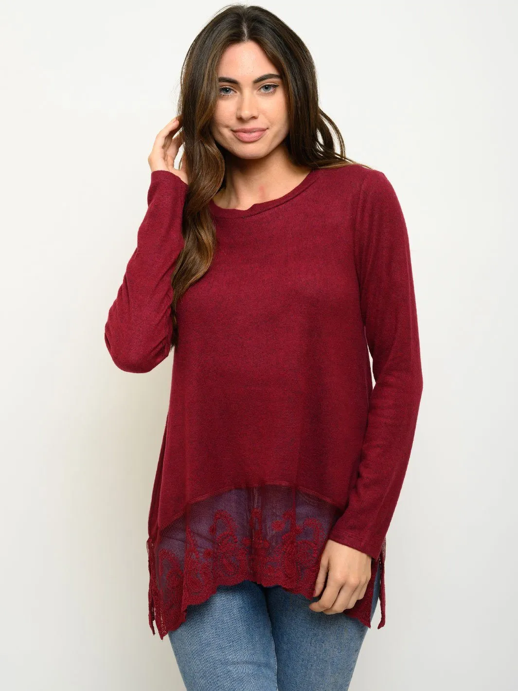 WOMEN'S LONG SLEEVE LACE TRIM DETAIL TOP