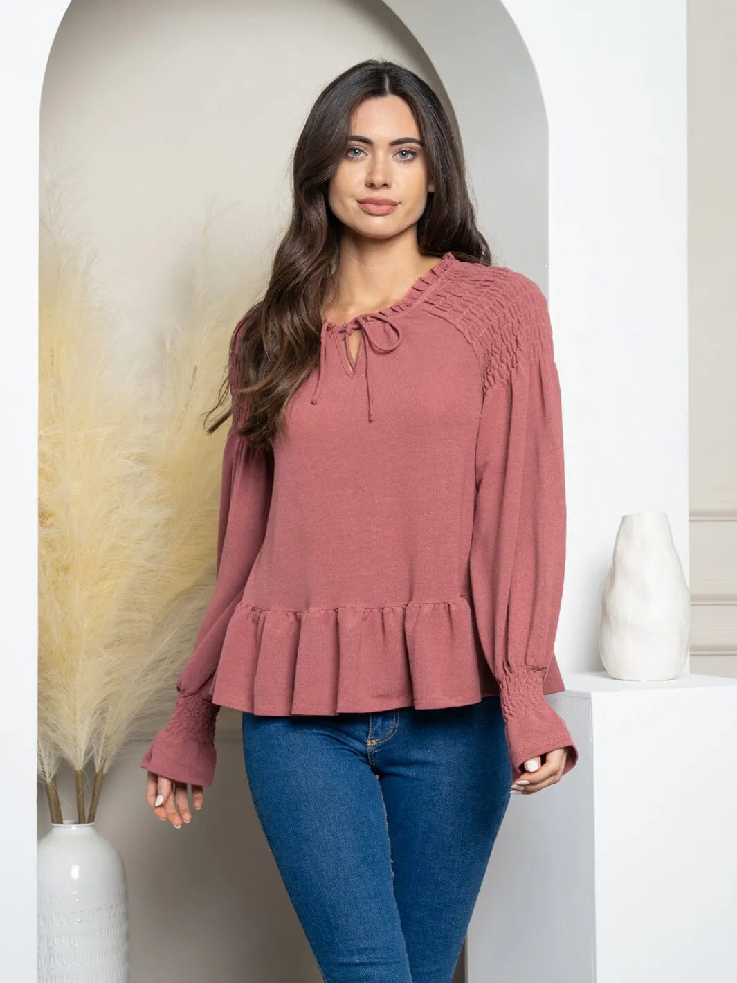 WOMEN'S LONG SLEEVE NECK TIE PEPLUM BLOUSE TOP