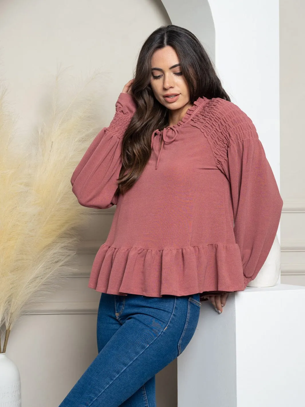 WOMEN'S LONG SLEEVE NECK TIE PEPLUM BLOUSE TOP