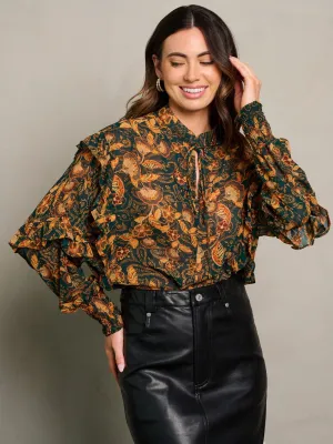 WOMEN'S LONG SLEEVE NECK TIE RUFFLE FLORAL BLOUSE TOP