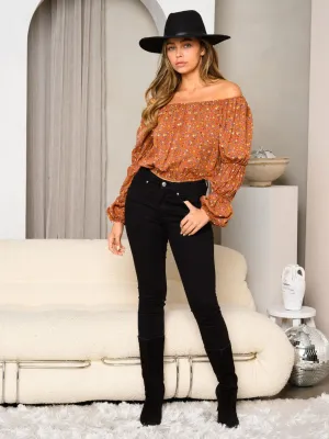 WOMEN'S LONG SLEEVE OFF SHOULDER FLORAL TOP