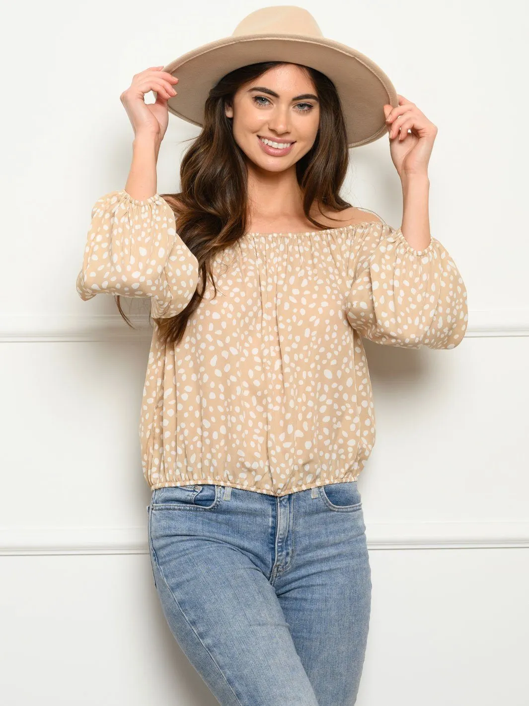 WOMEN'S LONG SLEEVE OFF SHOULDER POLKA DOTS TOP