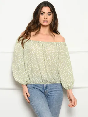 WOMEN'S LONG SLEEVE OFF SHOULDER POLKA DOTS TOP
