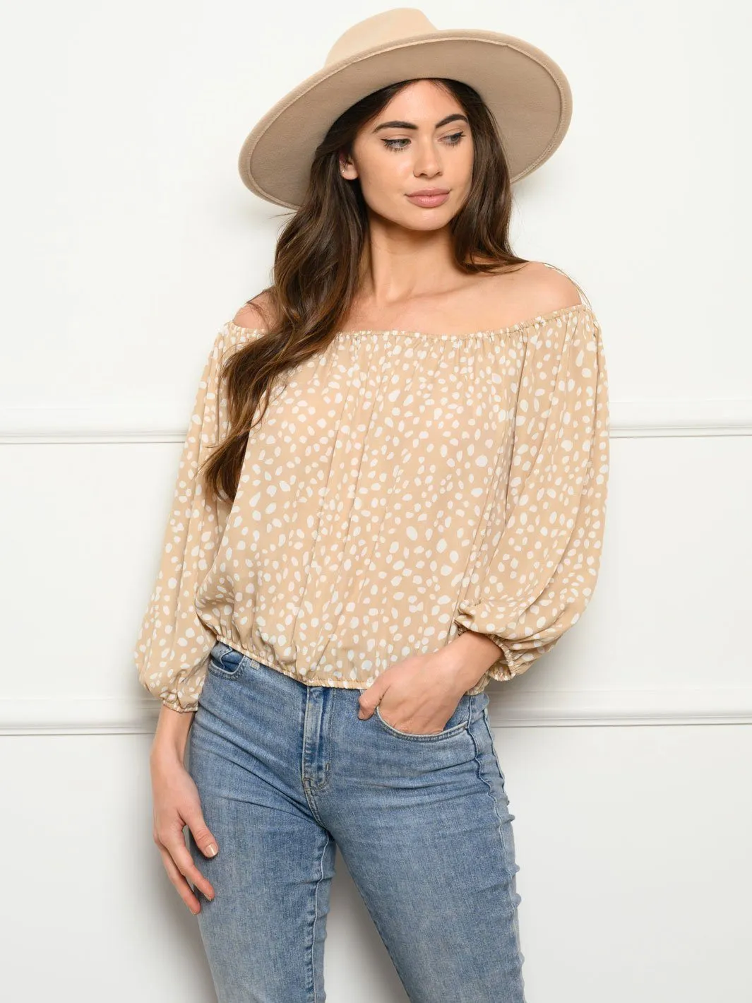 WOMEN'S LONG SLEEVE OFF SHOULDER POLKA DOTS TOP