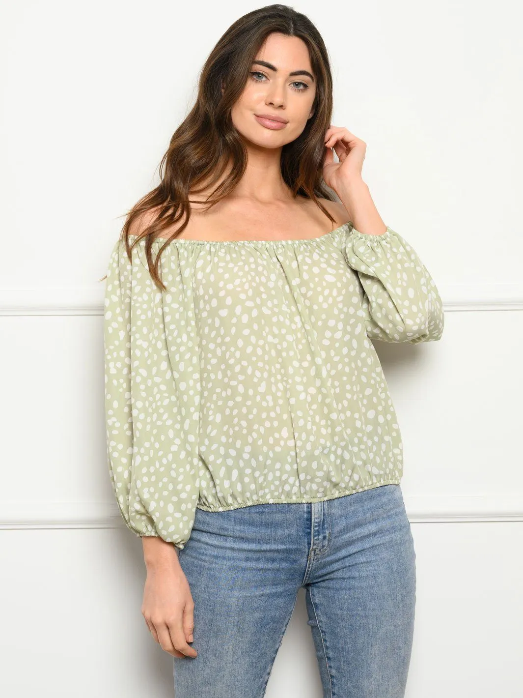 WOMEN'S LONG SLEEVE OFF SHOULDER POLKA DOTS TOP