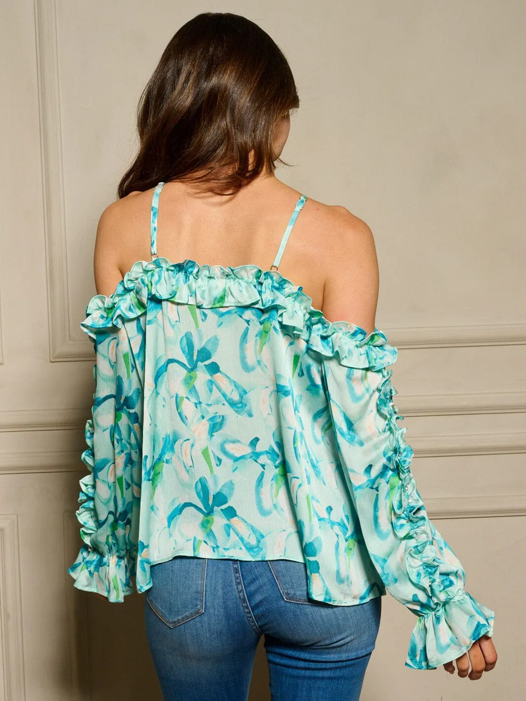 WOMEN'S LONG SLEEVE OFF SHOULDER RUFFLE FLORAL BLOUSE TOP