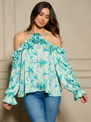 WOMEN'S LONG SLEEVE OFF SHOULDER RUFFLE FLORAL BLOUSE TOP