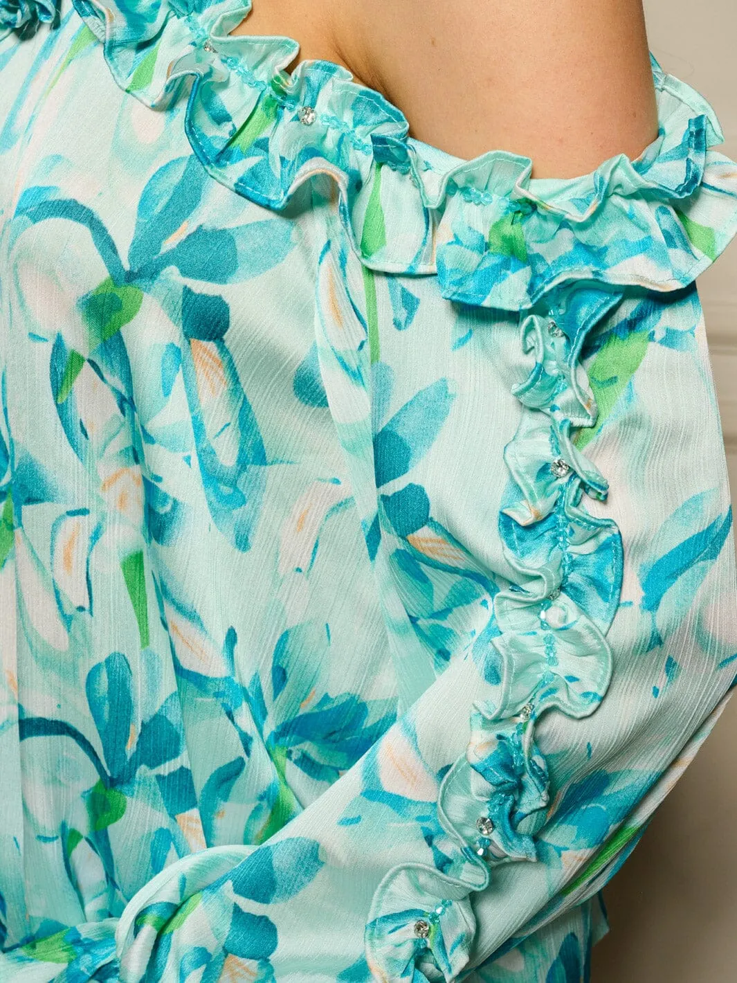 WOMEN'S LONG SLEEVE OFF SHOULDER RUFFLE FLORAL BLOUSE TOP