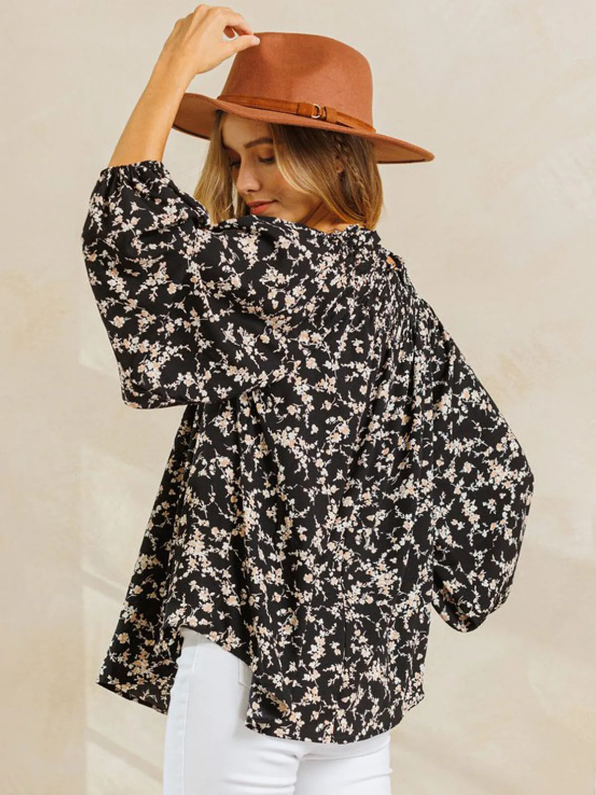 WOMEN'S LONG SLEEVE OFF SHOULDER SMOCK FLORAL TUNIC TOP