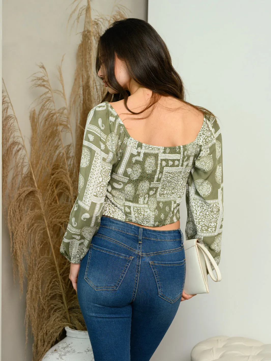 WOMEN'S LONG SLEEVE PAISLEY PRINT BANDANA TOP