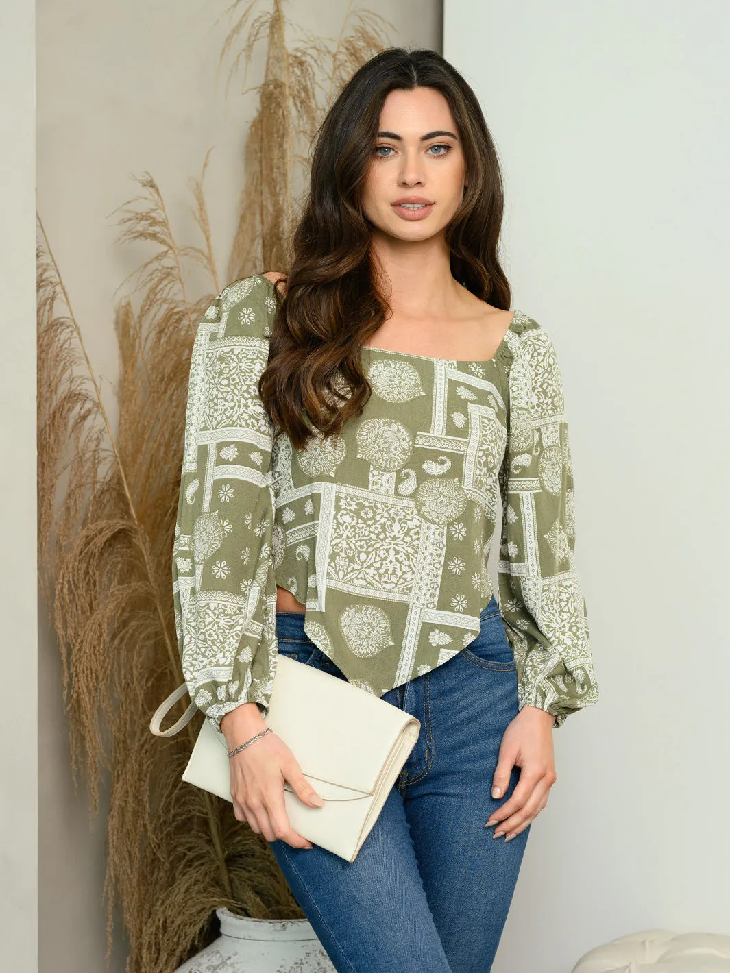 WOMEN'S LONG SLEEVE PAISLEY PRINT BANDANA TOP