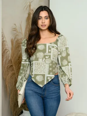 WOMEN'S LONG SLEEVE PAISLEY PRINT BANDANA TOP