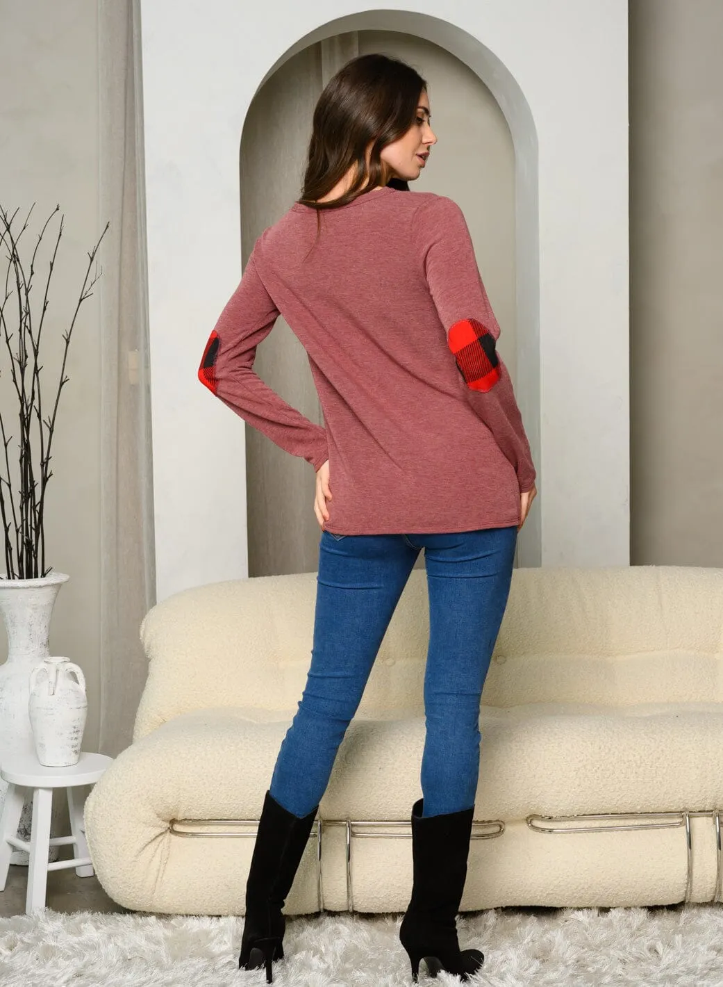 WOMEN'S LONG SLEEVE PLAID FRONT ELBO PATCH DETAIL TOP