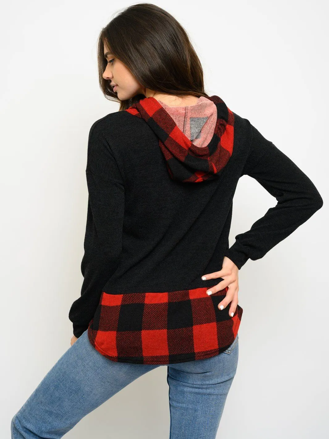 WOMEN'S LONG SLEEVE PLAID HOODIE TOP