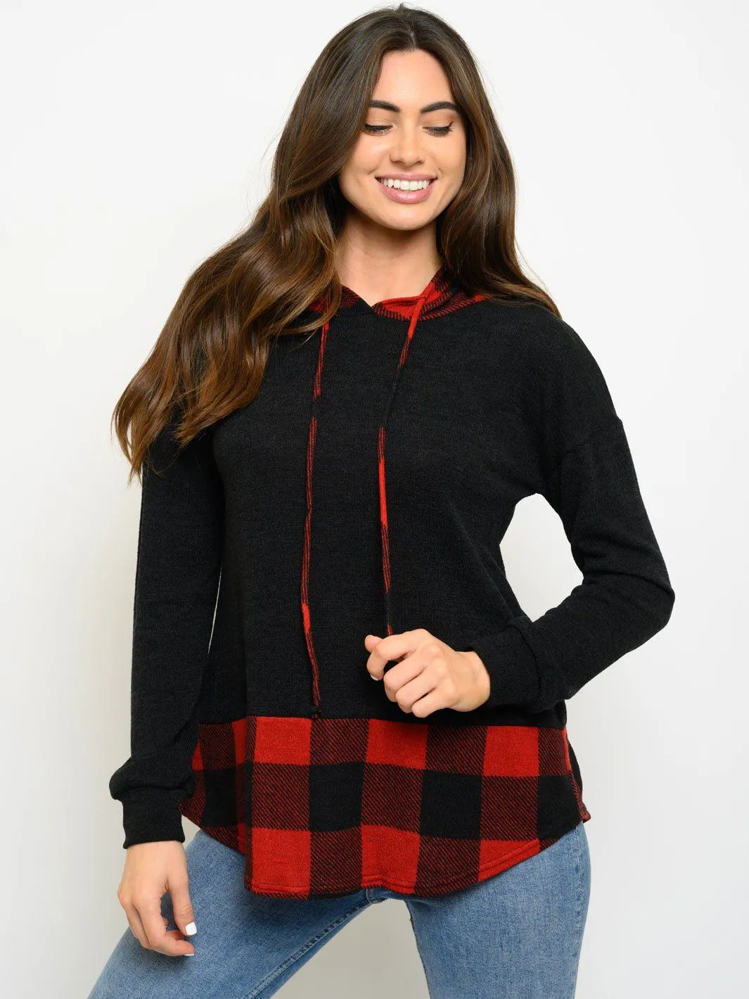 WOMEN'S LONG SLEEVE PLAID HOODIE TOP