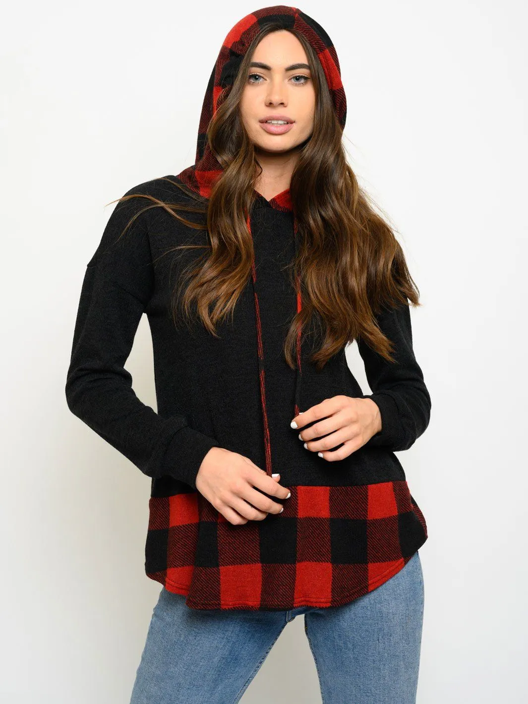 WOMEN'S LONG SLEEVE PLAID HOODIE TOP