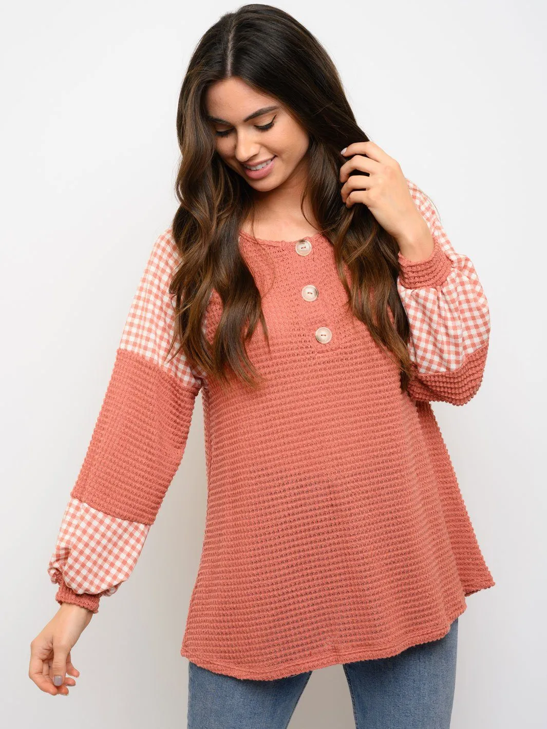 WOMEN'S LONG SLEEVE PLAID/SOLID PRINT TOP