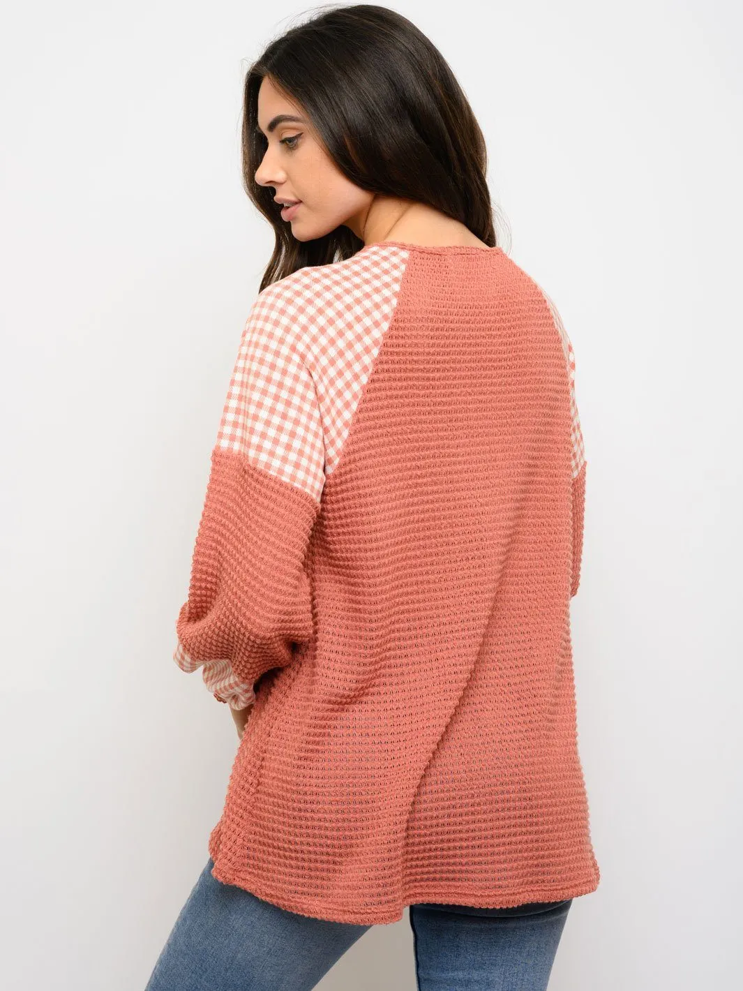 WOMEN'S LONG SLEEVE PLAID/SOLID PRINT TOP