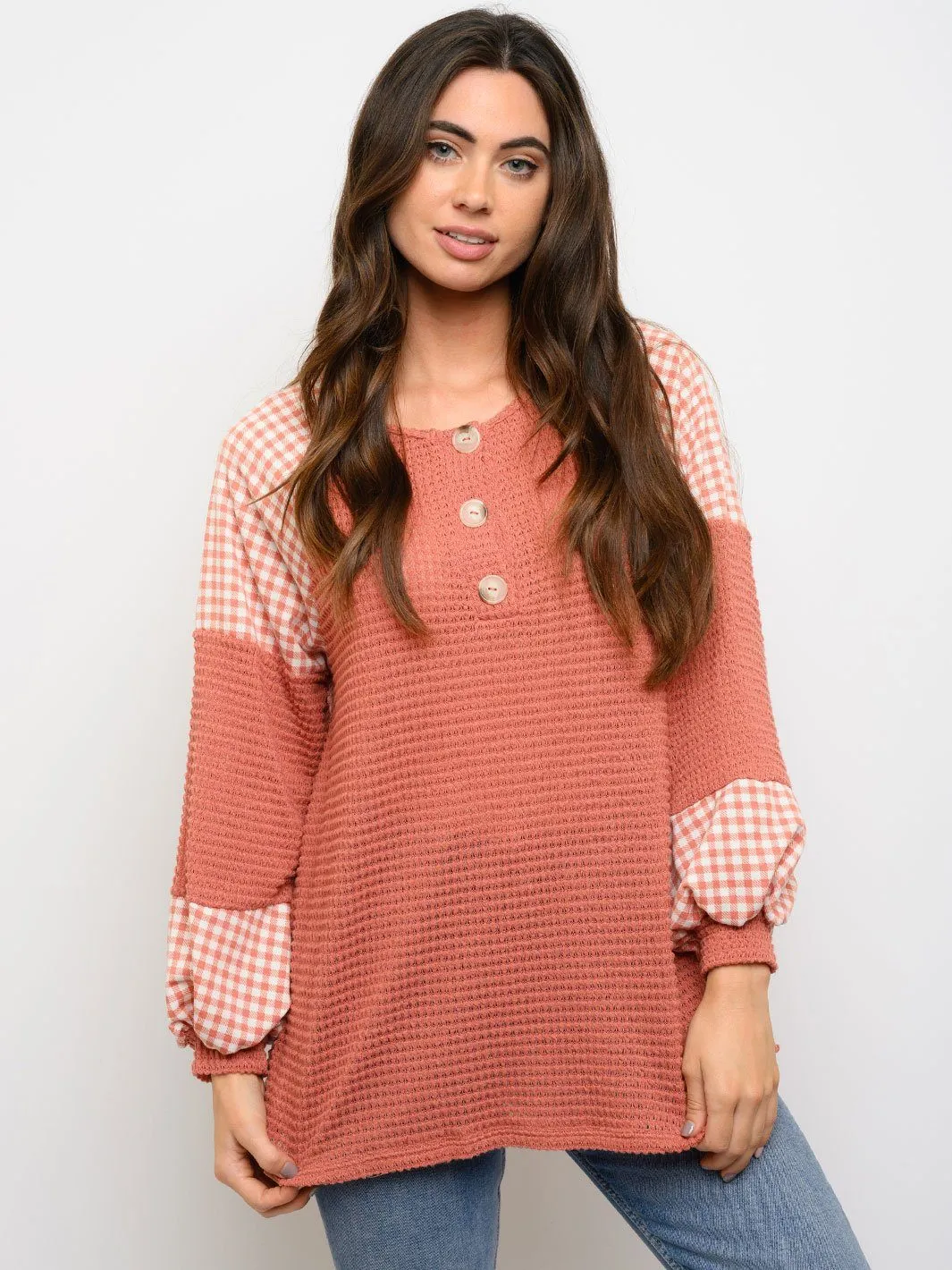 WOMEN'S LONG SLEEVE PLAID/SOLID PRINT TOP