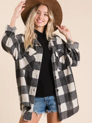 WOMEN'S LONG SLEEVE POCKETS BUTTON UP PLAID TOP