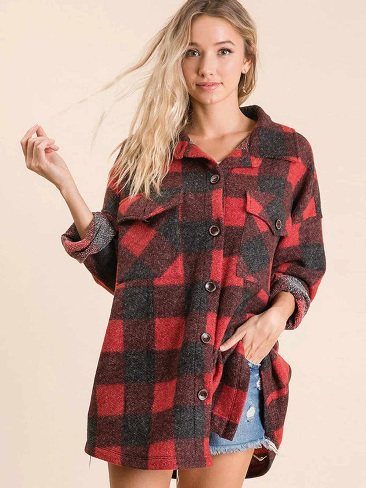 WOMEN'S LONG SLEEVE POCKETS BUTTON UP PLAID TOP