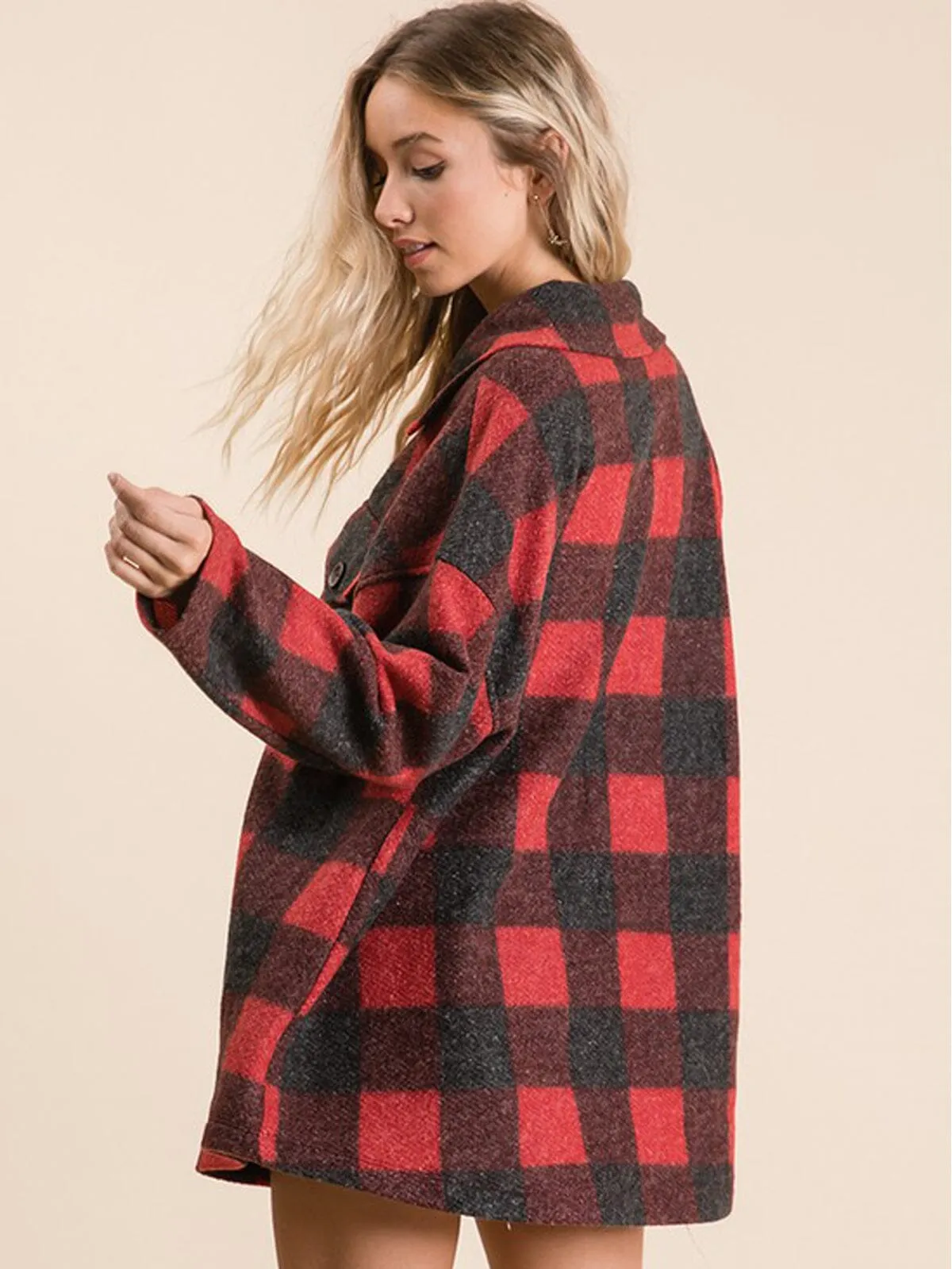 WOMEN'S LONG SLEEVE POCKETS BUTTON UP PLAID TOP