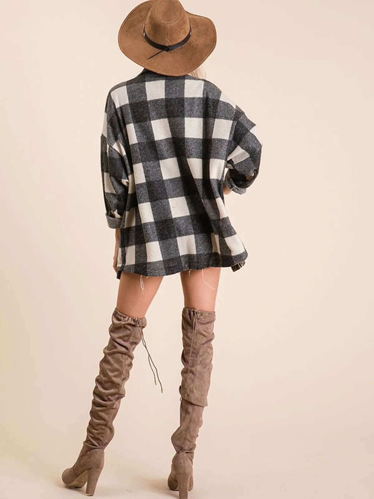 WOMEN'S LONG SLEEVE POCKETS BUTTON UP PLAID TOP