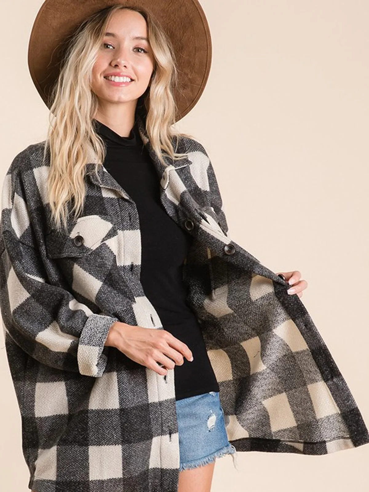 WOMEN'S LONG SLEEVE POCKETS BUTTON UP PLAID TOP