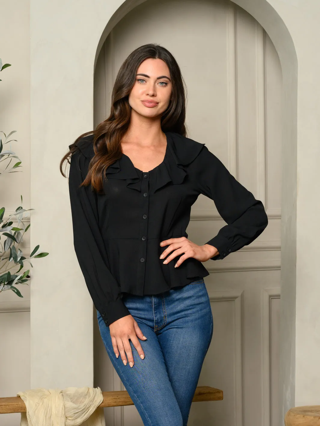 WOMEN'S LONG SLEEVE RUFFLE DETAILED PEPLUM TOP
