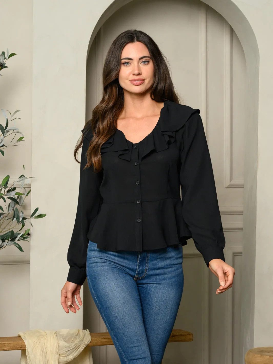 WOMEN'S LONG SLEEVE RUFFLE DETAILED PEPLUM TOP