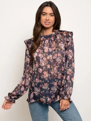 WOMEN'S LONG SLEEVE RUFFLE FLORAL TOP