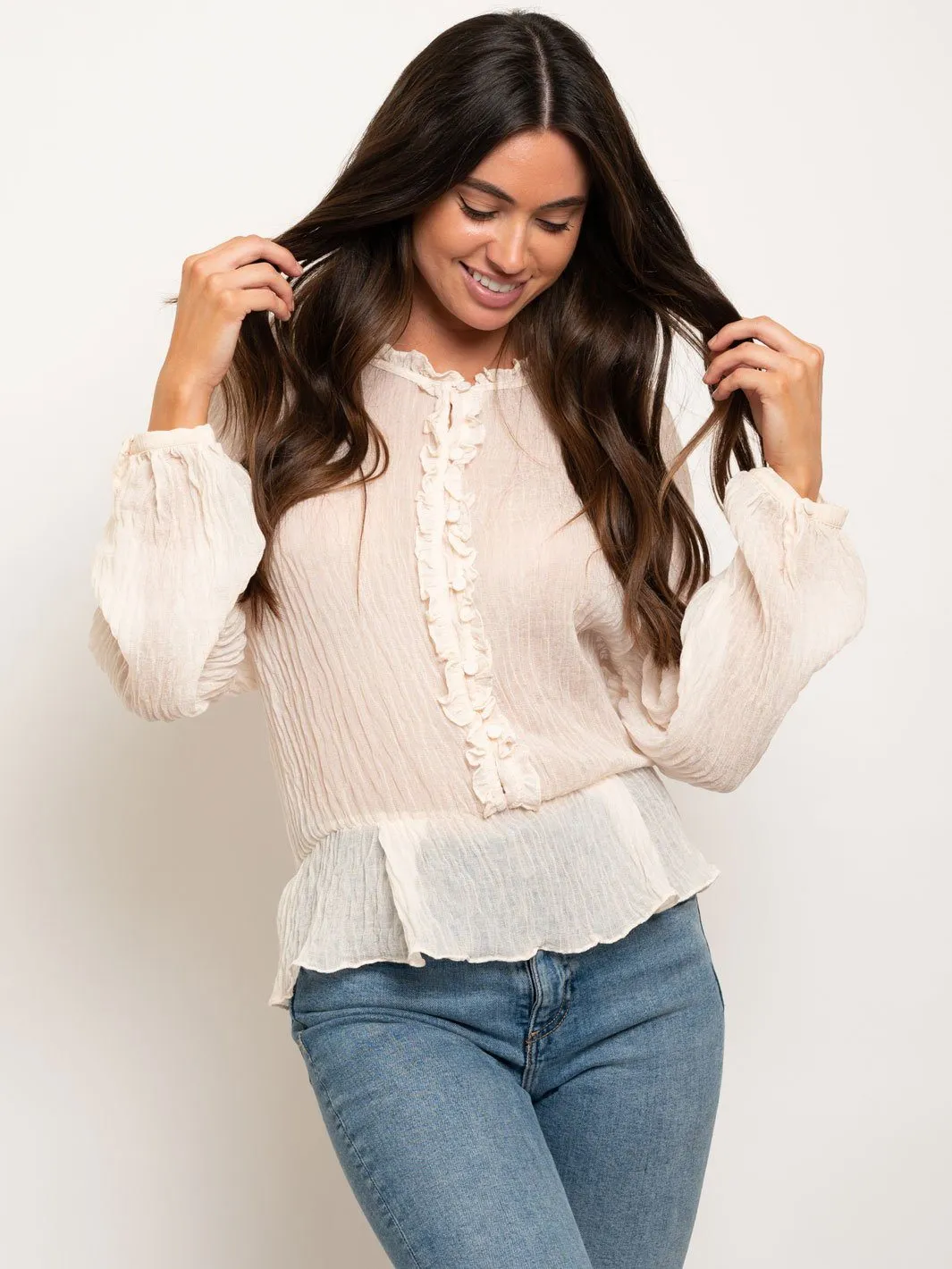 WOMEN'S LONG SLEEVE RUFFLE PEPLUM TOP