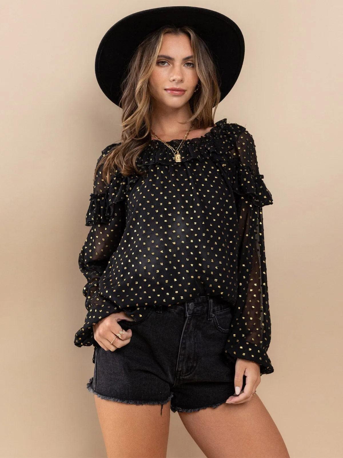 WOMEN'S LONG SLEEVE RUFFLE SHIMMER BLOUSE TOP